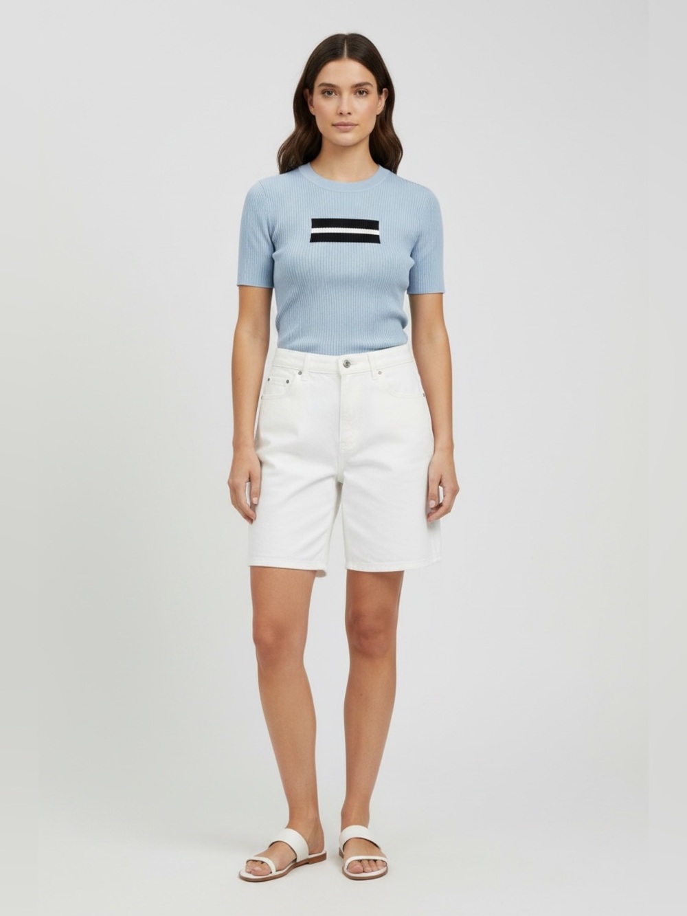 Philosophy Republic Light Blue Ribbed Knit Graphic T-Shirt High Neck Large NWT